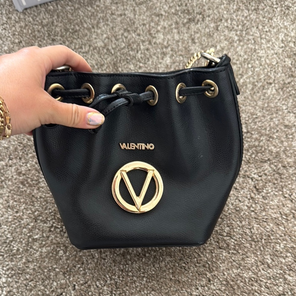 Valentino Black and Gold Shoulder Bag with Drawstring Closure